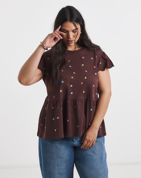 Simply Be Chocolate Ditsy Floral Embroidered Peplum Top