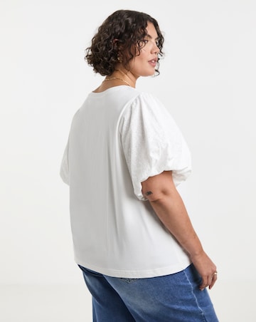 Simply Be White Broderie Sleeve Crew Neck T-Shirt