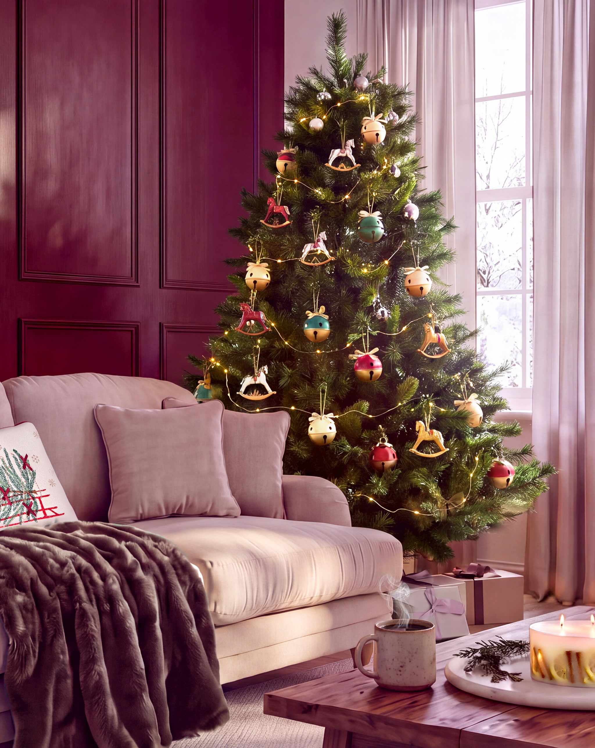 Decorated Christmas tree with lights, bauble ornaments and rocking horse decorations beside a sofa in a cosy living room with wrapped gifts and candles.