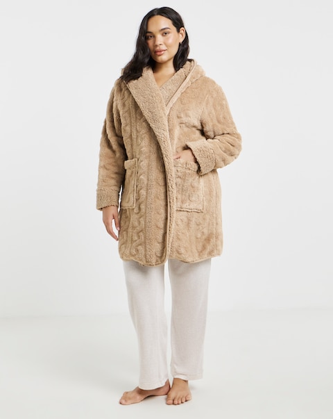 Pretty Secrets Cable Fleece Hooded Lounge Cardigan Beige