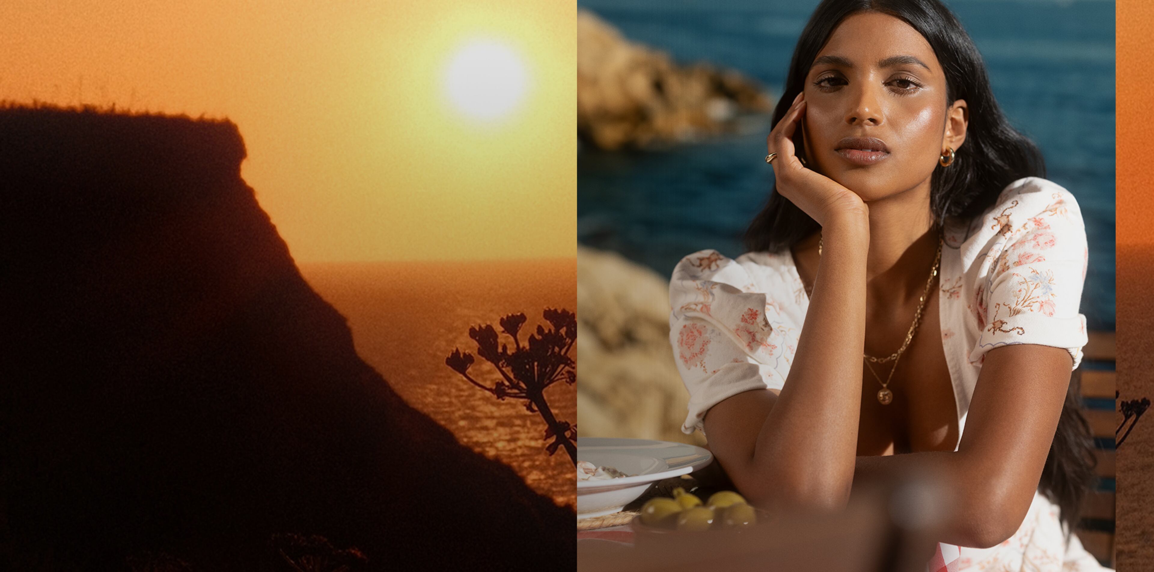 A coastal sunset on the left and a model seated outdoors near the sea on the right, wearing a light floral dress.