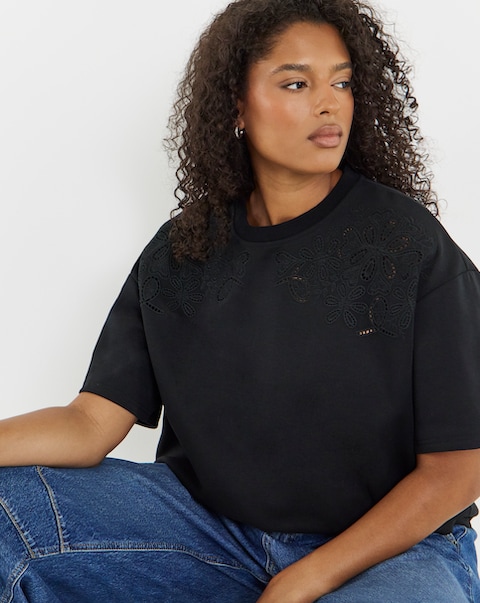 Simply Be Black Luxe Heavyweight Cotton Cut Work T-Shirt