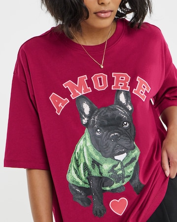 Simply Be Aubergine Dog Oversized Graphic T-Shirt