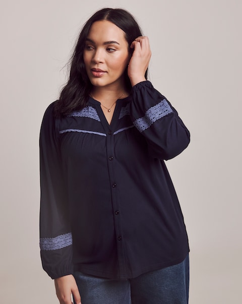 Julipa Navy Lace Trim Jersey Blouse