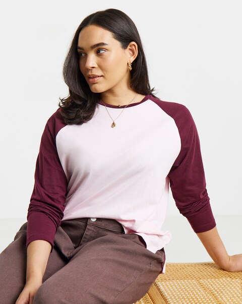 Simply Be Pink And Burgundy Raglan Long Sleeve T-Shirt