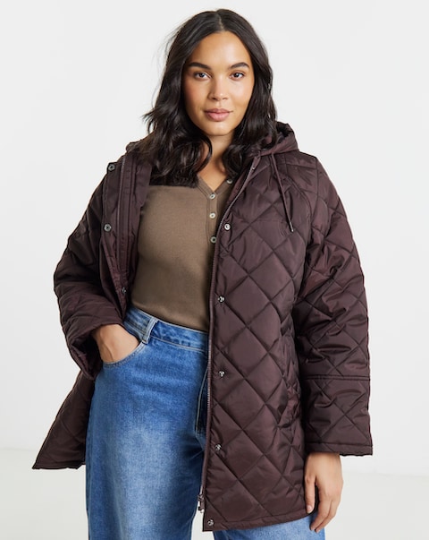 Simply Be Chocolate Hooded Quilted Swing Coat