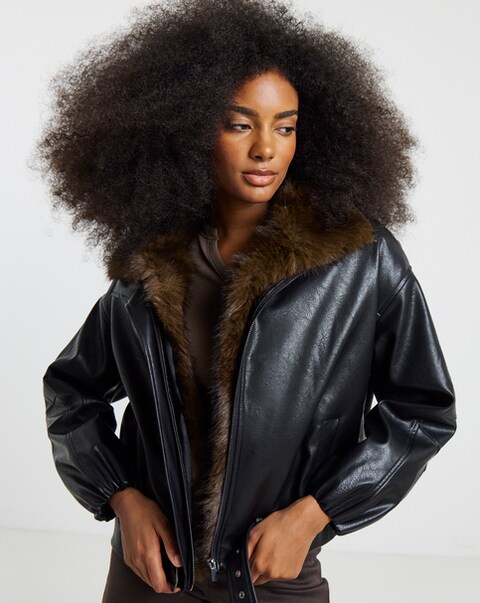 Black Faux Leather Quilted Jacket With Detachable Fur Collar