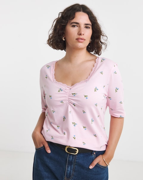 Simply Be Pink And Blue Ditsy Floral Short Sleeve Square Neck Rib Top
