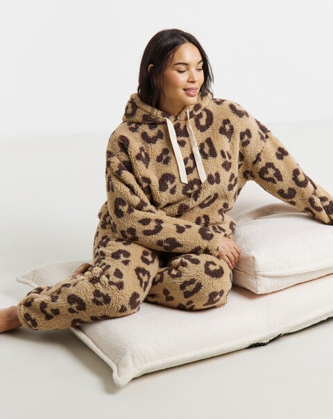 Pretty Secrets Leopard Print Teddy Fleece Hooded Twosie