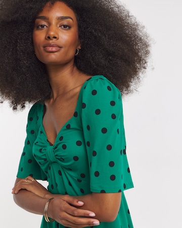 Green Spot Print Supersoft Knot Front Skater Dress