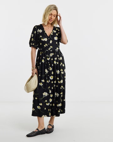 Black Floral Print Puff Sleeve Drop Waist Button Midi Dress
