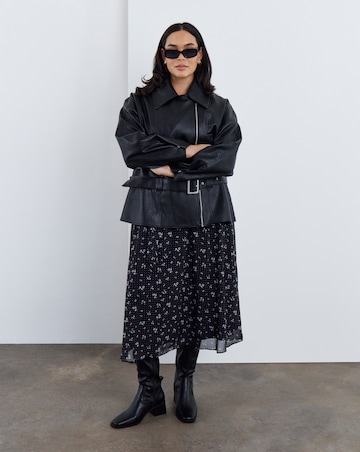 Black Relaxed Belted Faux Leather Biker Jacket