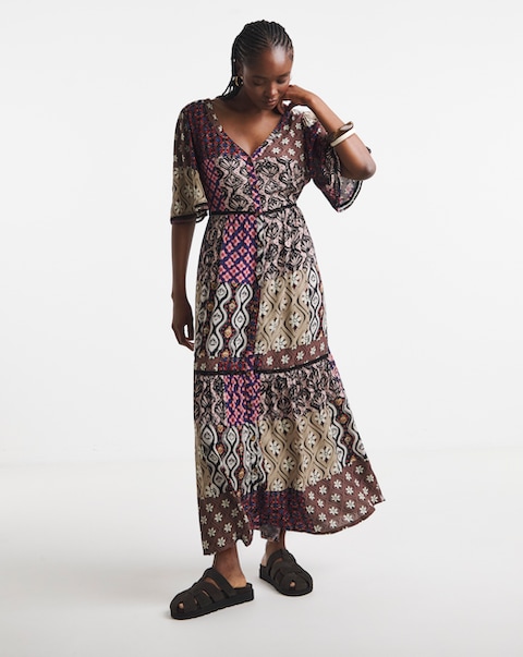 Simply Be Mixed Print Crinkle Tiered Maxi Dress With Ladder Trim