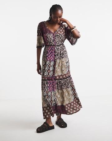 Simply Be Mixed Print Crinkle Tiered Maxi Dress With Ladder Trim