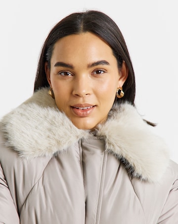 Faux Fur Collar Taupe Short Padded Coat