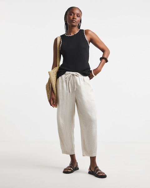Simply Be Natural Tie Waist Linen Mix Barrel Leg Trouser
