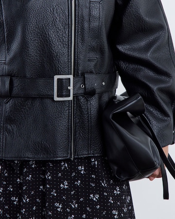 Black Relaxed Belted Faux Leather Biker Jacket