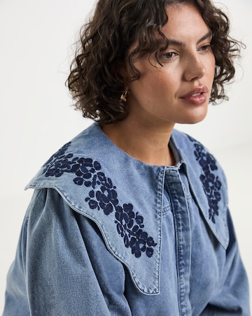 Mid Wash Puff Sleeve Denim Blouse with Embroidered Collar