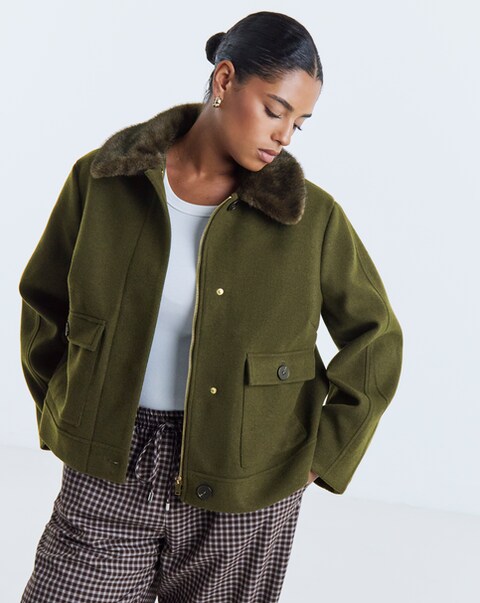Khaki Fur Collar Short Jacket