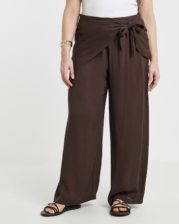 Simply Be Chocolate Crinkle Tie Waist Overlay Wide Leg Trouser