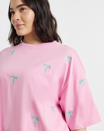 Simply Be Pink Bow All Over Embroidery T-Shirt