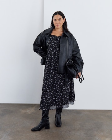 Black Relaxed Belted Faux Leather Biker Jacket