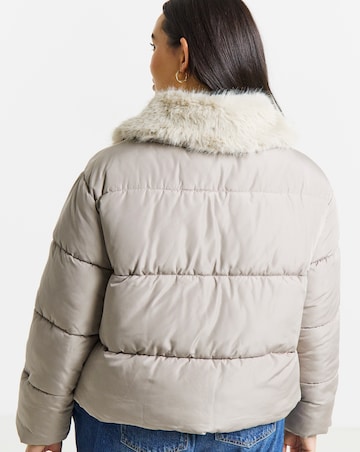 Faux Fur Collar Taupe Short Padded Coat