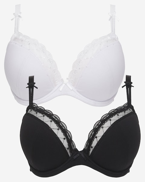 Pretty Secrets (2 Pack) Rachel Everyday Padded Plunge Wired Bras (B-F) Blk/Wht
