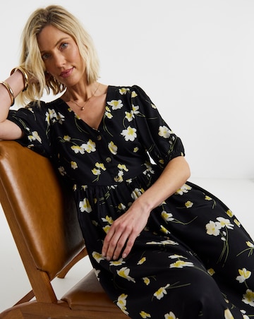 Black Floral Print Puff Sleeve Drop Waist Button Midi Dress