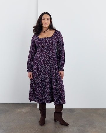 Simply Be Cherry Print Square Neck Long Sleeve Midi Dress