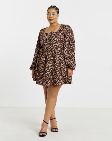 Simply Be Floral Print Long Sleeve Historic Detail Skater Dress