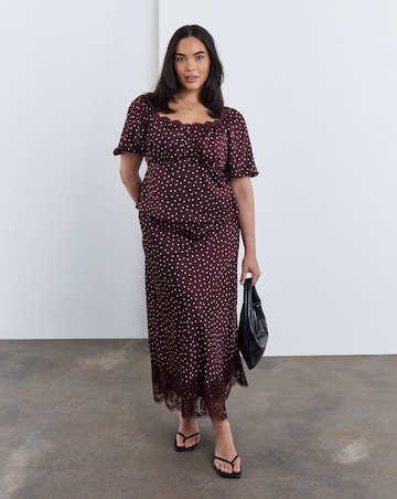 Simply Be Burgundy Spot Satin Midaxi Skirt With Lace Trim