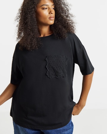 Simply Be Black Broderie Pocket T-Shirt