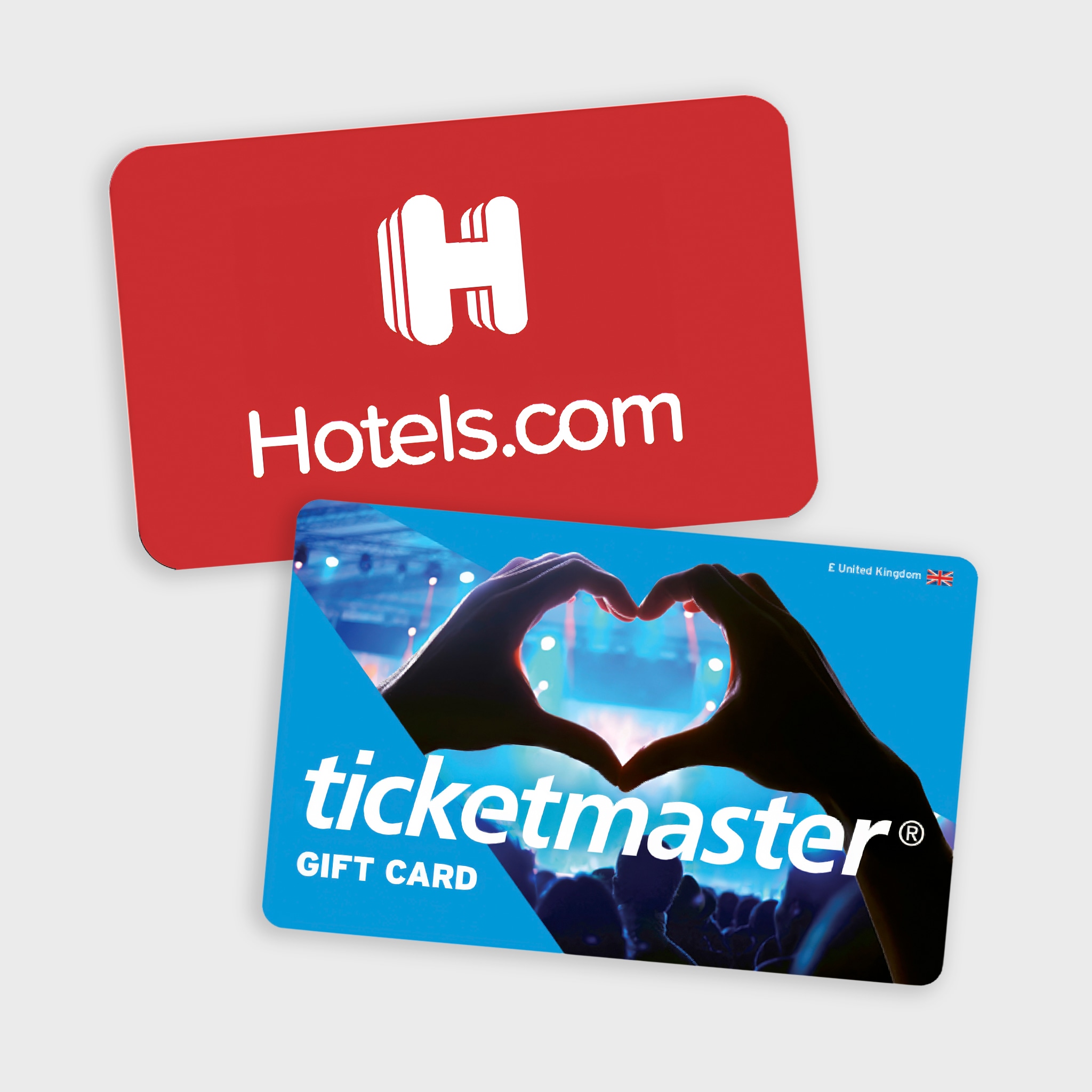E-gift cards Hotels.com and Ticketmaster are pictured.