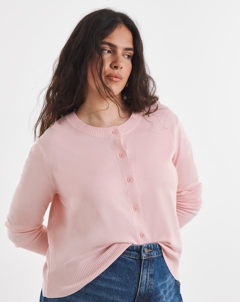 Fine Knit Pink Crew Neck Cardigan