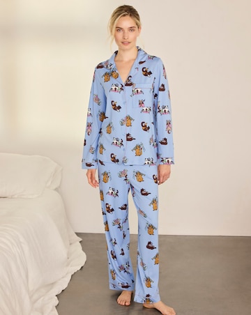 Chelsea Peers Classic Long Sleeve Button Up Cat Print Pyjama Set
