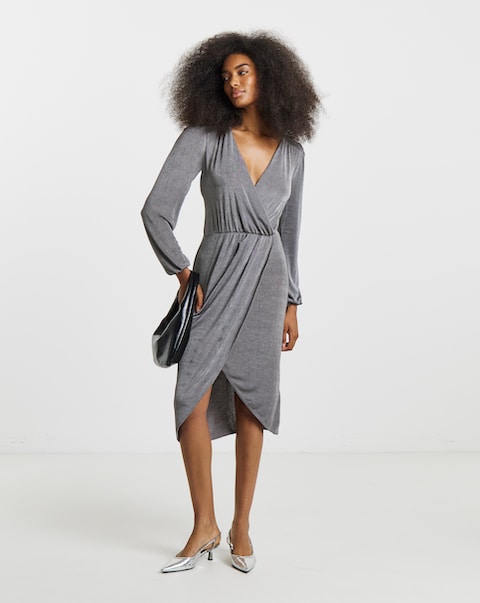 Silver Grey Slinky Wrap Front Midi Dress