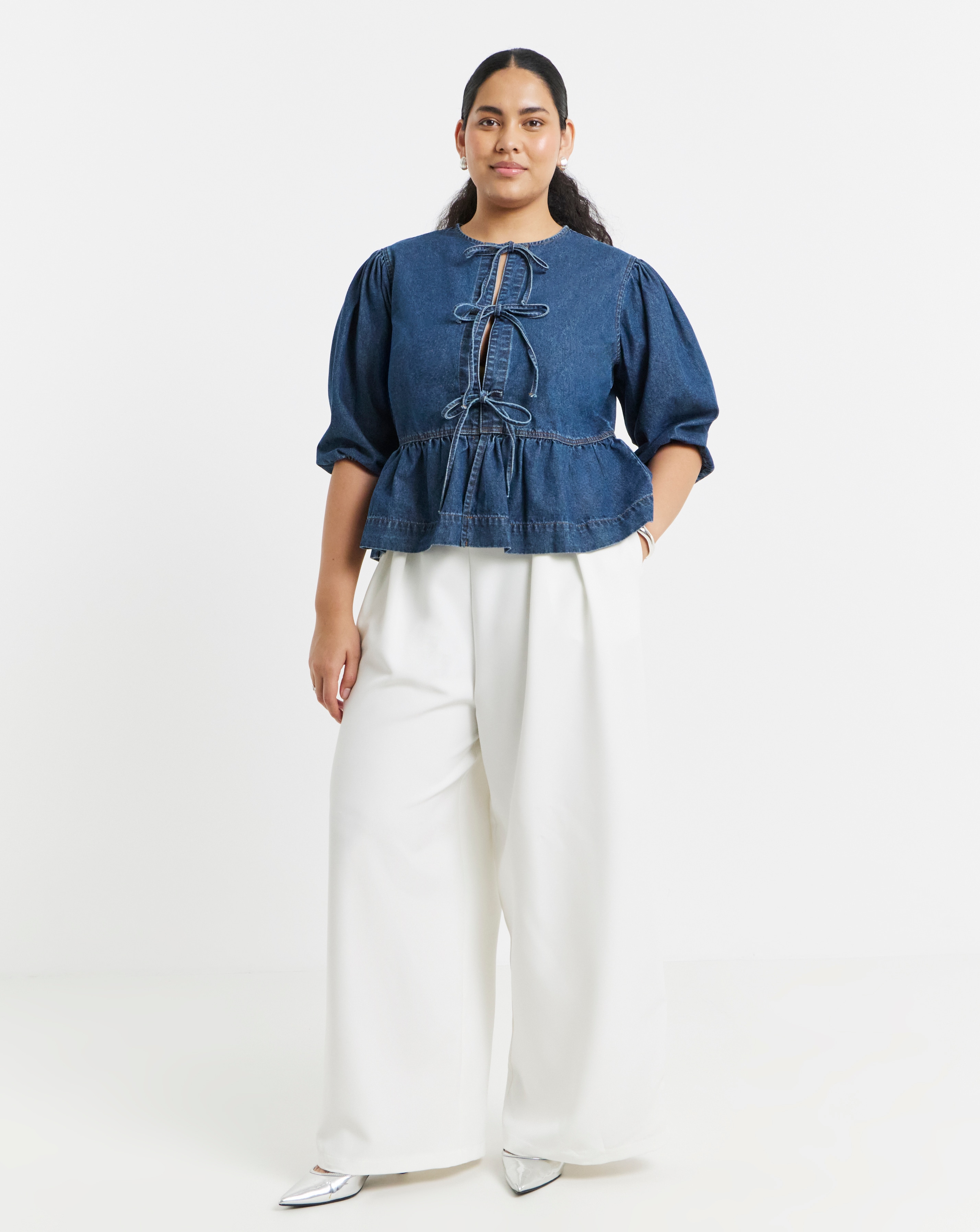 Simply Be Dark Blue Tie Front Denim Peplum Blouse | Simply Be