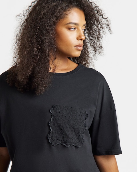 Simply Be Black Broderie Pocket T-Shirt