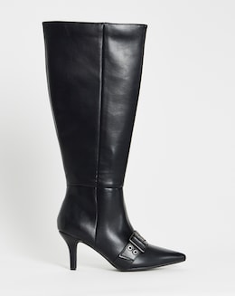 Maddox Knee Hi Heeled Pointed Toe Boots With Eyelet Straps - Wide Fit (E) - Image