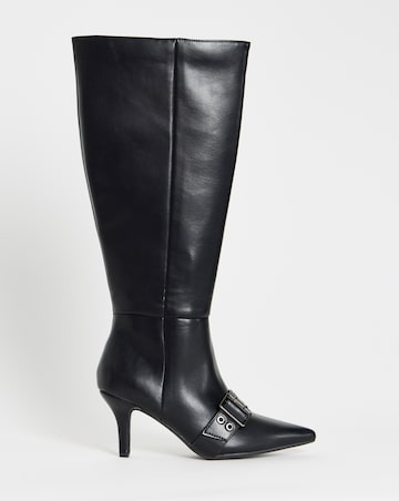 Maddox Knee Hi Heeled Pointed Toe Boots With Eyelet Straps - Wide Fit (E)
