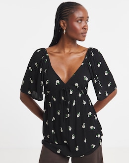 Simply Be Black Ditsy Crinkle Short Sleeve Tie Front Blouse - Image