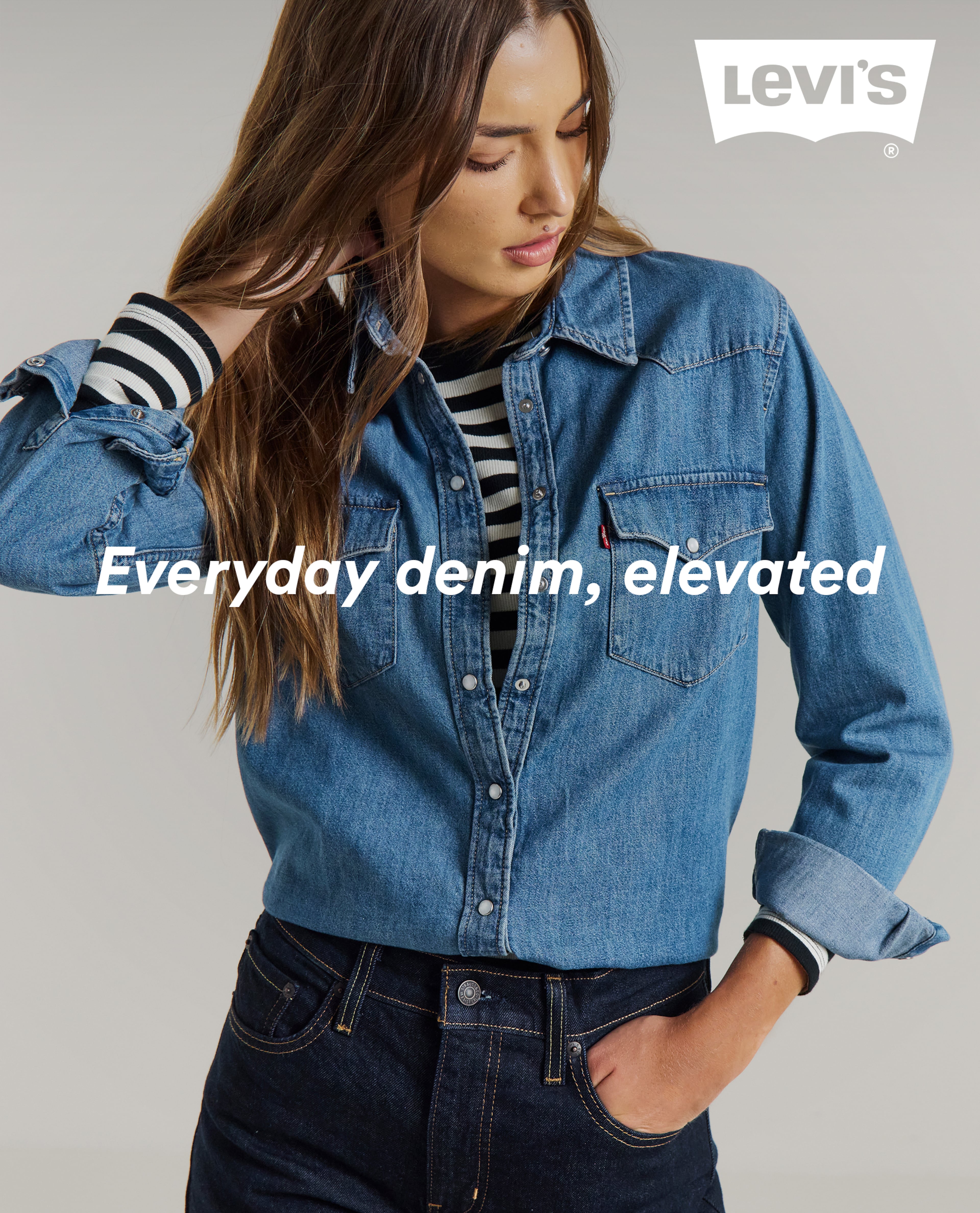 Model wears denim shirt and jeans from Levi's