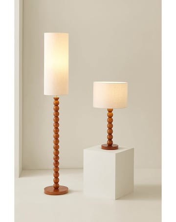 ValueLights Wyatt Wood Bobble Floor Lamp With Tall Linen Shade