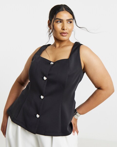 Simply Be Black Heart Button Through Jersey Waistcoat