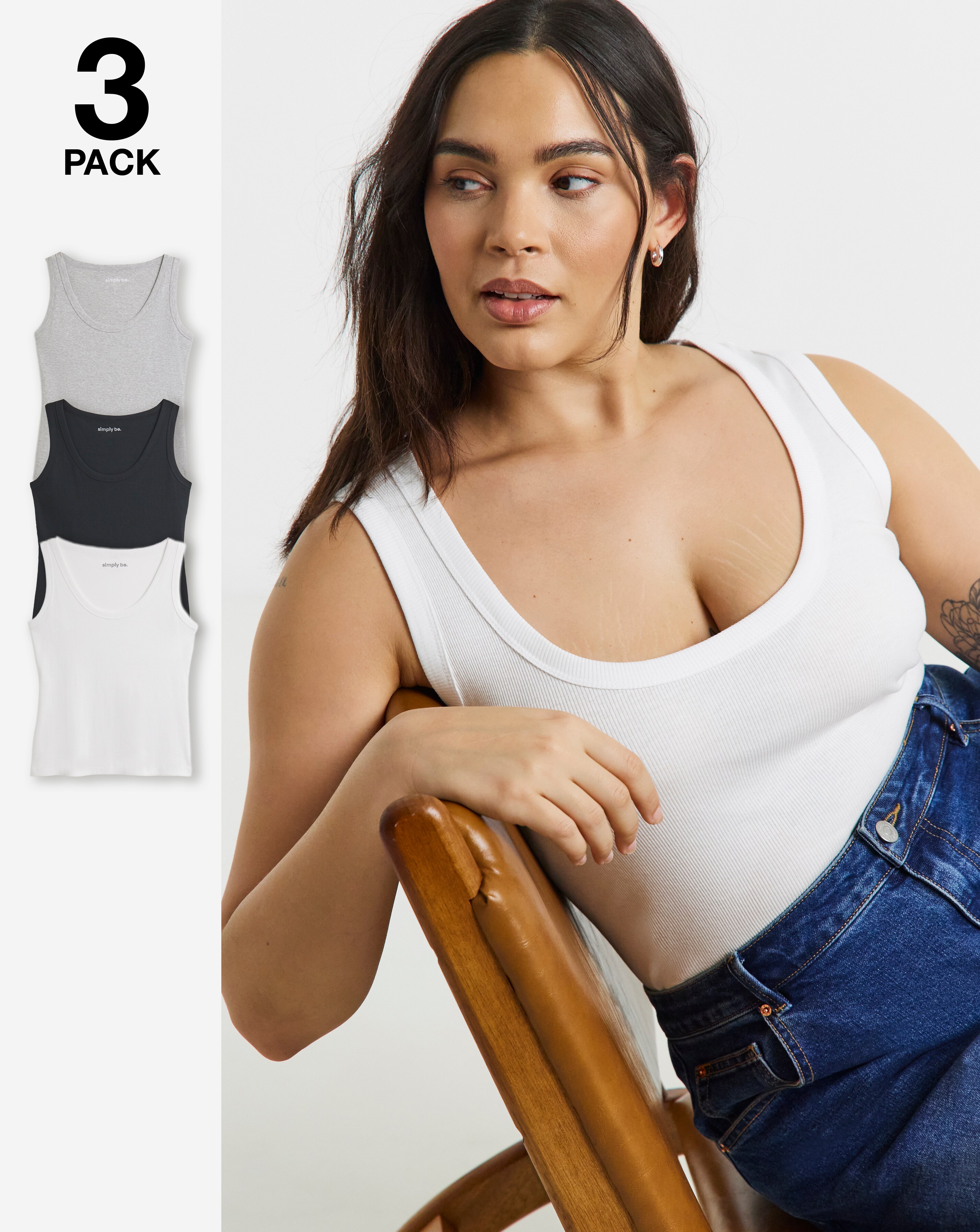 Black White Grey 3 Pack Pure Cotton Scoop Neck Tanks