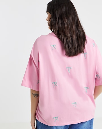 Simply Be Pink Bow All Over Embroidery T-Shirt