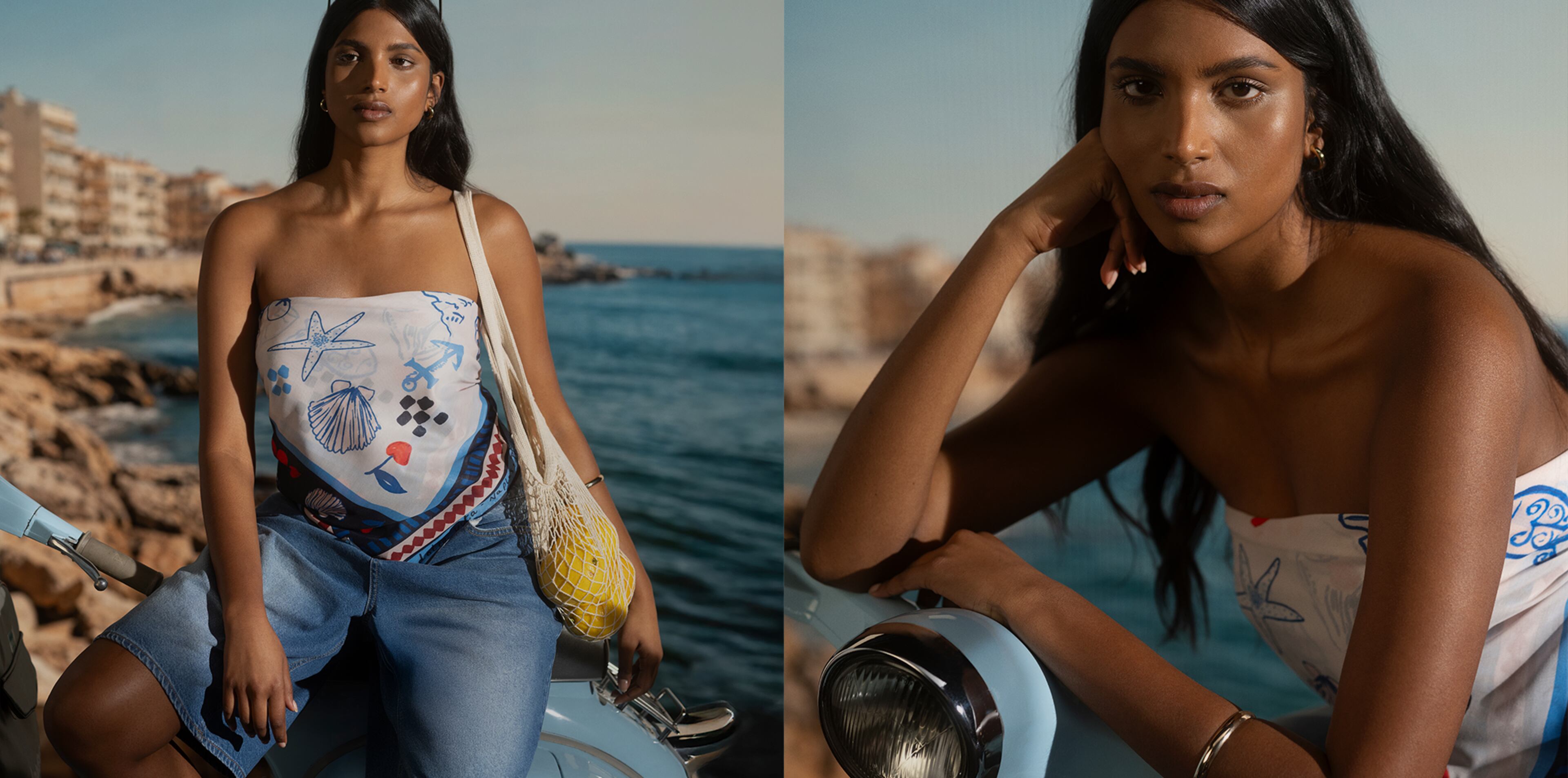 Model wears blue and white sarong and blue denims