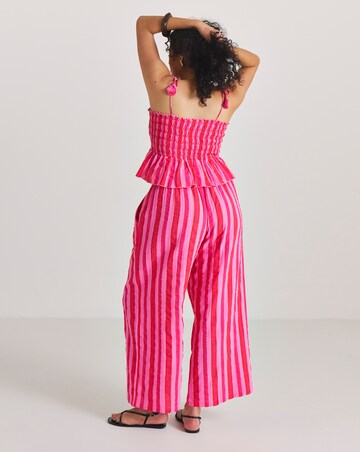 Pink Stripe Shirred Beach Top and Trouser Co-Ord Set