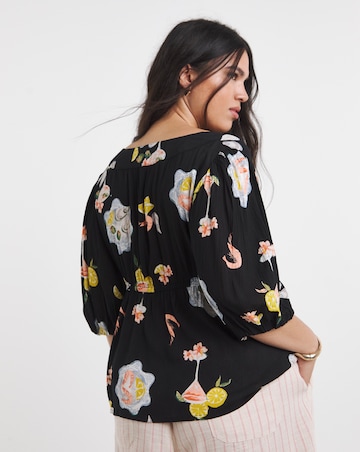 Multi Print Shirred Detail Peplum Top